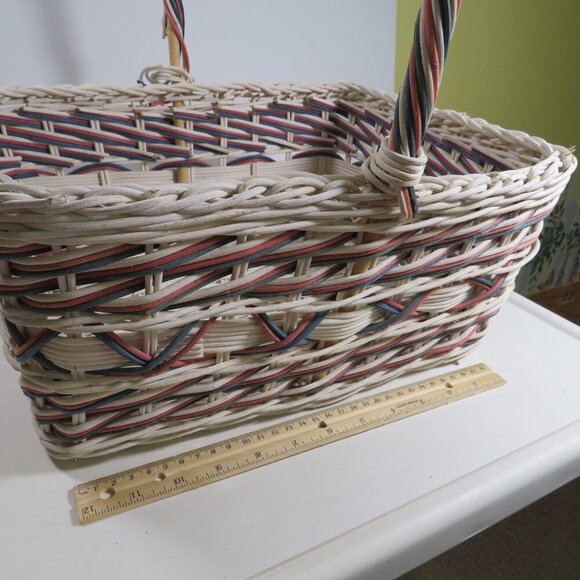 Red, White and Blue Cane Wicker Patriotic Basket: handle has some damage - Picture 8 of 13